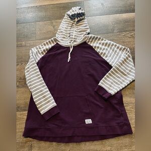 Orvis Plum Purple Hooded Pullover with Gray-White Stripes